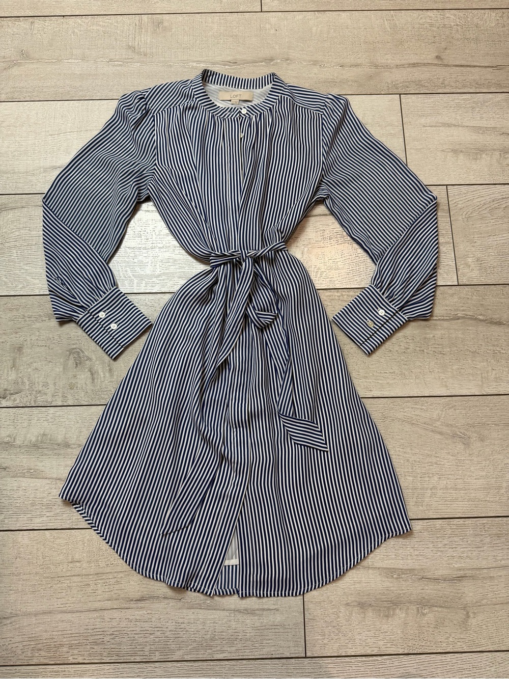 LOFT Striped Shirt Dress XS Blue White Tie Waist Button Front Tunic Dress